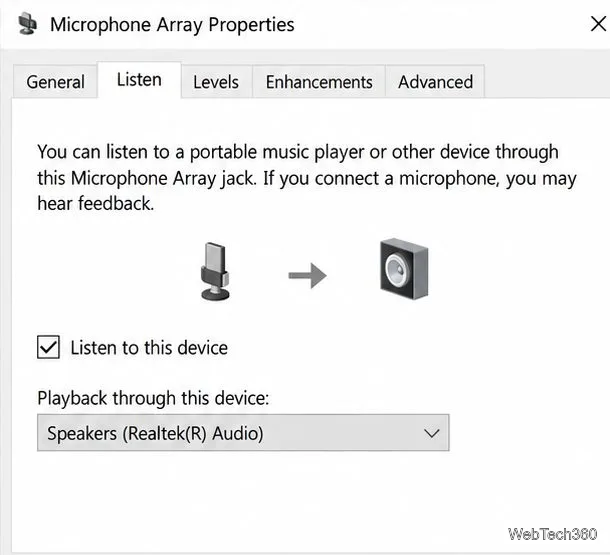Microphone Array Properties on the Listen tab with Listen to this device checked and Speakers selected