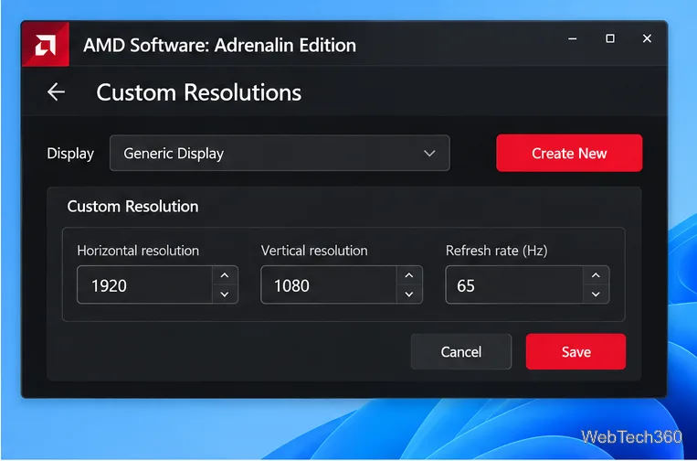 Illustrative AMD Custom Resolutions form showing native 1920 by 1080 resolution and a 65 Hz example