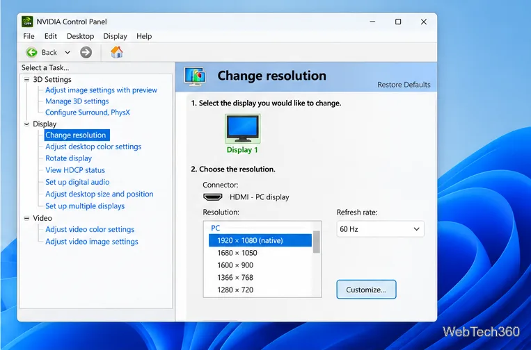 Illustrative NVIDIA Control Panel Change resolution page with the Customize button