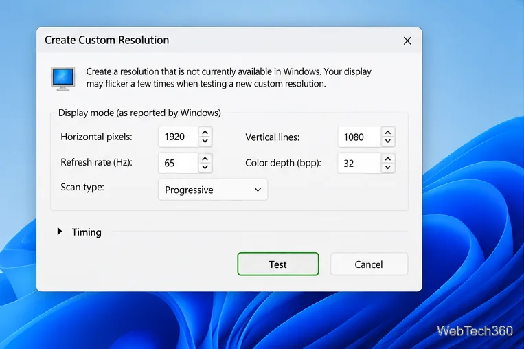 Illustrative NVIDIA custom-resolution dialog keeping 1920 by 1080 and entering a 65 Hz test rate