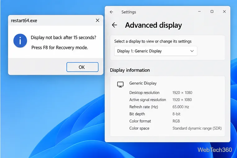 Illustrative CRU restart64 recovery prompt explaining F8 recovery if the display does not return after 15 seconds