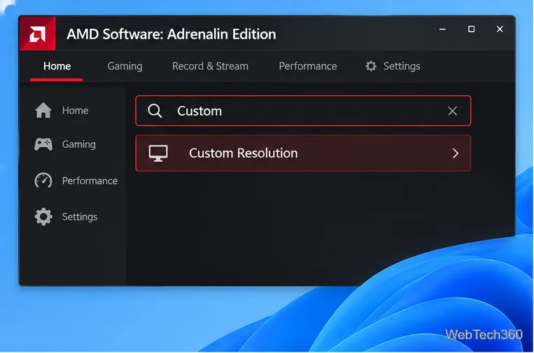 Illustrative AMD Software search results showing Custom Resolution