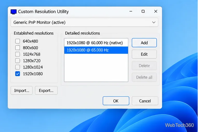 Illustrative CRU window with Generic PnP Monitor active and native 60 Hz plus an added 65 Hz detailed resolution
