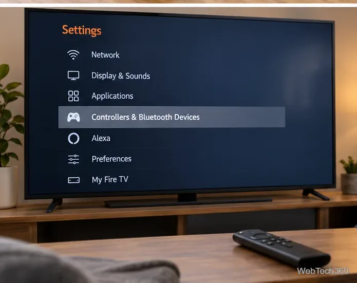Fire TVの設定画面で、コントローラーとBluetoothデバイスがハイライト表示されている。