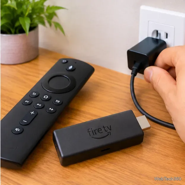 電源アダプターを外す手が横のテーブルに置かれたFire TV Stickとリモコン