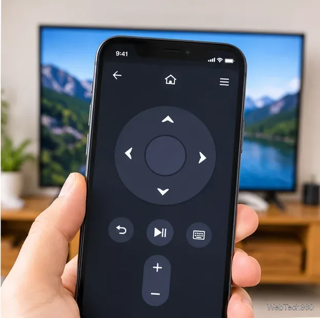 テレビの前に置かれた方向指示リモコンパッドを映したスマートフォン