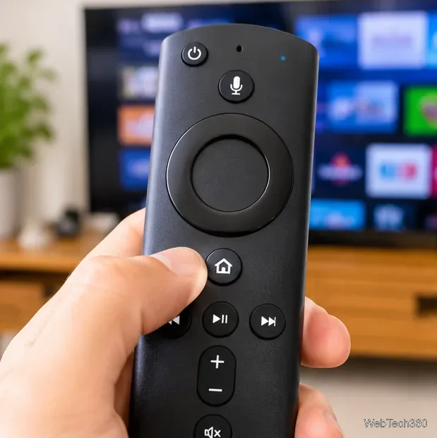 テレビの前で、黒いFire TVリモコンのホームボタンを親指で押している。
