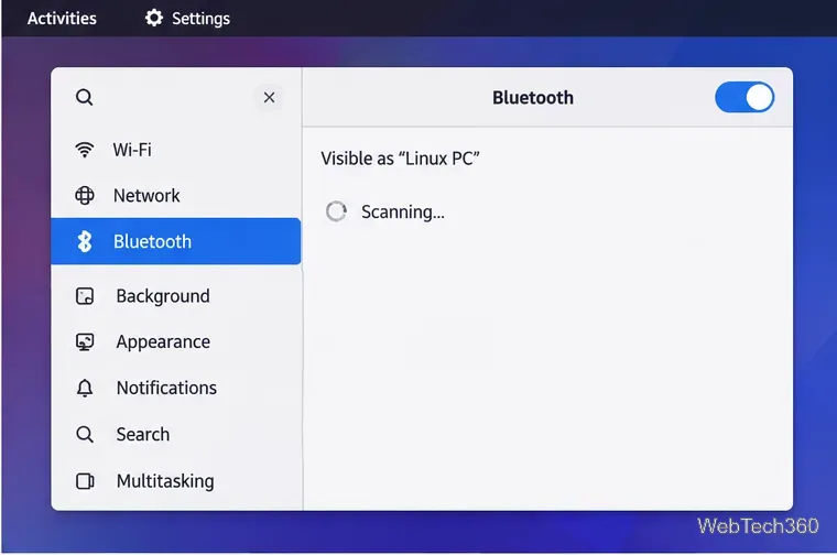 Configuración de Bluetooth en Linux con Bluetooth habilitado y buscando dispositivos.