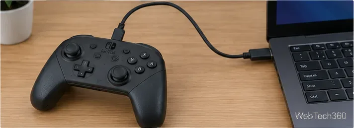 Mando Pro de Nintendo Switch conectado a un portátil Linux con un cable USB-C