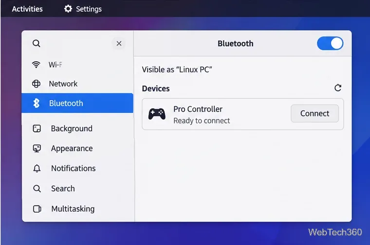 La configuración de Bluetooth de Linux muestra que el controlador Pro está listo para conectarse.