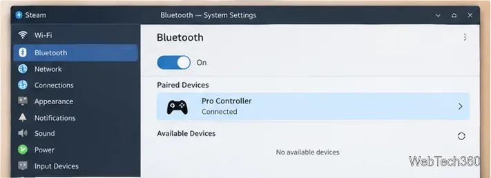 Configuración de Bluetooth de Linux que muestra que el controlador Pro está conectado.