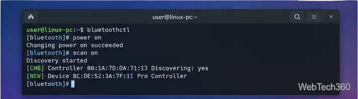 Terminal Linux ejecutando bluetoothctl mientras busca un controlador Pro