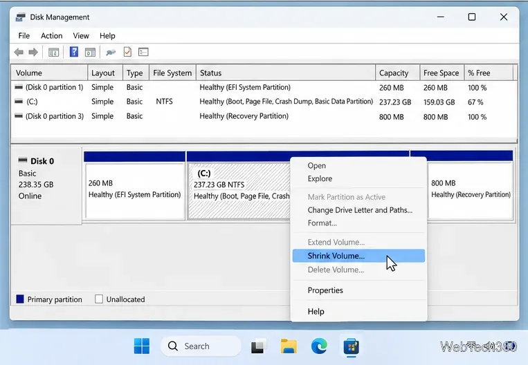 Le menu contextuel Gestion des disques propose l'option Réduire le volume du lecteur C.