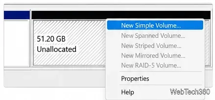 Menu contextuel pour l'espace disque non alloué avec Nouveau volume simple mis en évidence