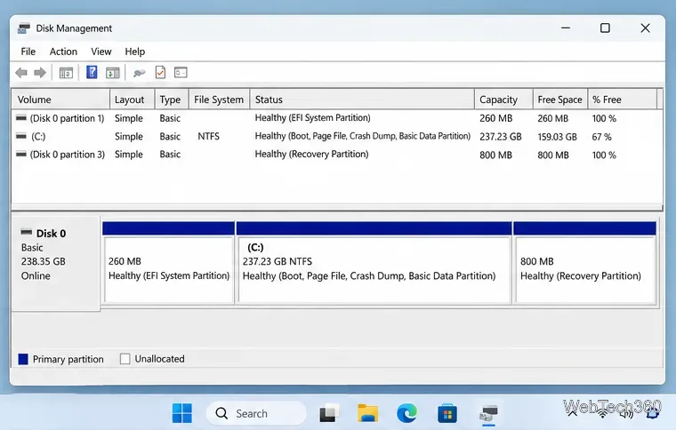 Gestion des disques avec le disque 0, le lecteur C, la partition système EFI et la partition de récupération