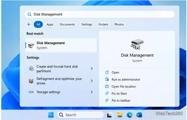 Recherche Windows 11 affichant l'utilitaire Gestion des disques et l'option de lancement