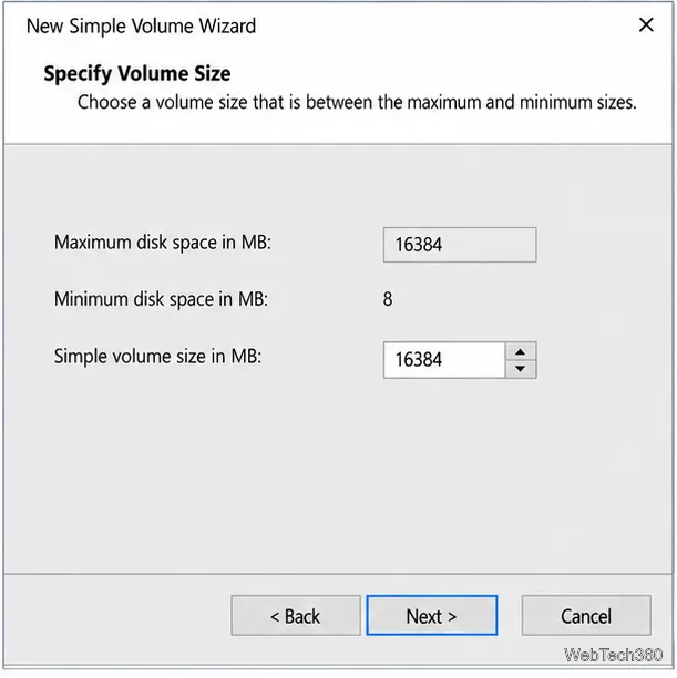The New Simple Volume Wizard shows 16,384 MB as the maximum and selected volume size.