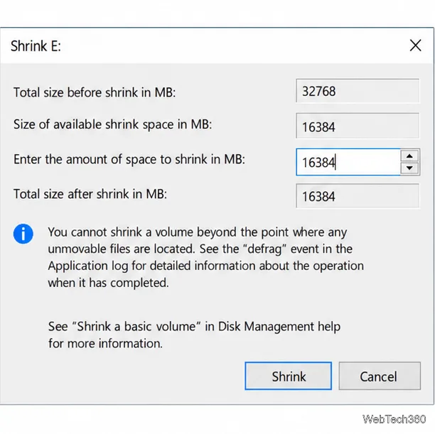 The Shrink E dialog shows 32,768 MB total and 16,384 MB entered as the amount to shrink.