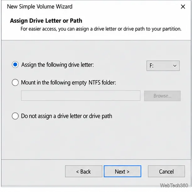 The wizard’s Assign Drive Letter or Path page is set to assign the letter F to the new volume.