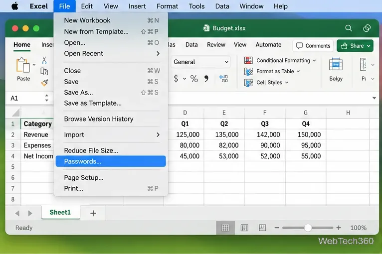 Menu File di Excel per Mac con il comando Password evidenziato.
