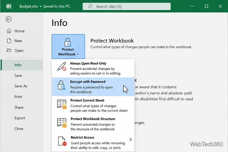 Menu Proteggi cartella di lavoro di Excel per Windows con l'opzione Crittografa con password evidenziata.