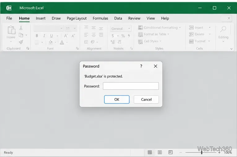 Viene visualizzata la richiesta di password di Excel per Windows prima dell'apertura di una cartella di lavoro protetta.