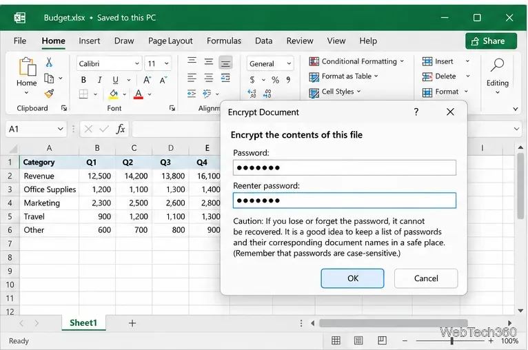 Finestra di dialogo Crittografa documento di Excel per Windows con campi per password e reinserimento password.