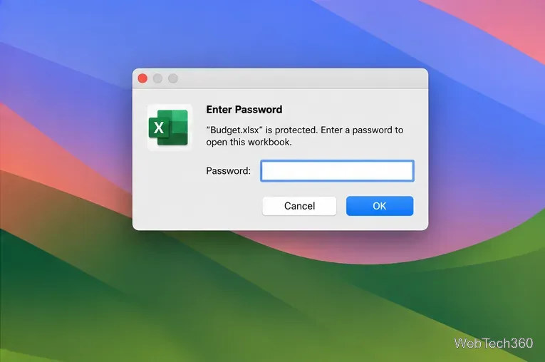 Excel per Mac: riapertura di una cartella di lavoro protetta con richiesta di password prima della visualizzazione del foglio di calcolo.