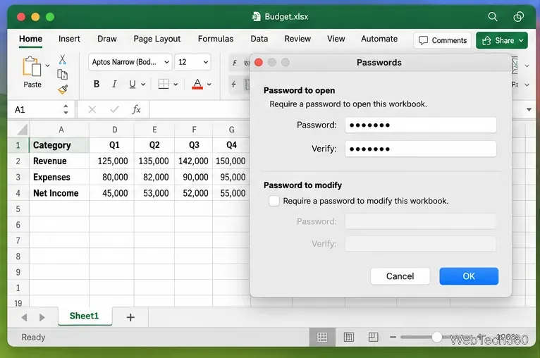 Finestra di dialogo Password di Excel per Mac con l'opzione Password per aprire abilitata e Password per modificare visualizzata come opzione separata.