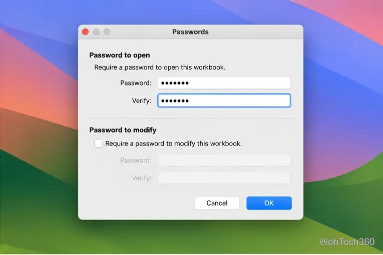 Finestra di dialogo Password di Excel per Mac che mostra i campi Password da aprire e Password da verificare.