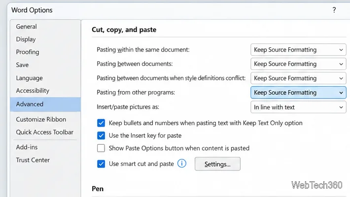 Page Options avancées de Word avec des commandes de comportement de collage distinctes sous Couper, Copier et Coller.