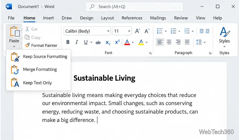 L'onglet Accueil de Word, menu Coller, propose les options Conserver la mise en forme source, Fusionner la mise en forme et Conserver uniquement le texte.