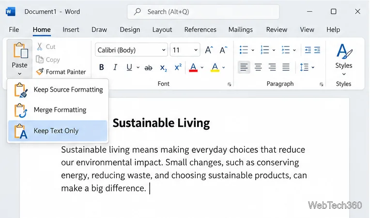 L'option « Conserver uniquement le texte » est sélectionnée dans le menu Coller de Word.