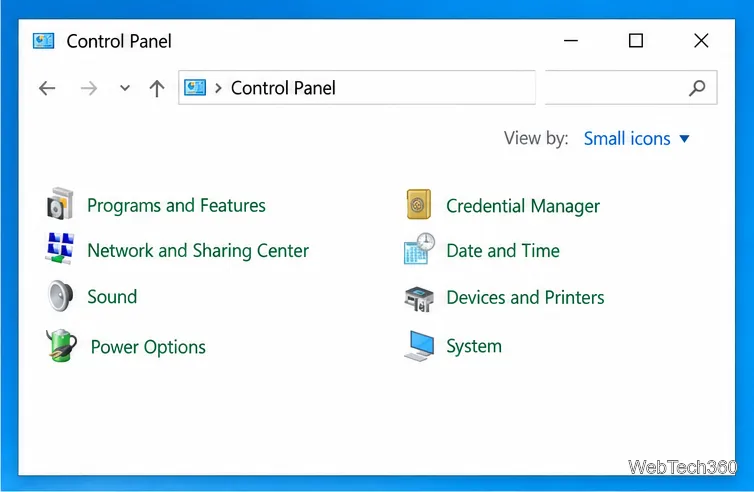 Control Panel in Small icons view with Power Options, Sound, and Network and Sharing Center visible.