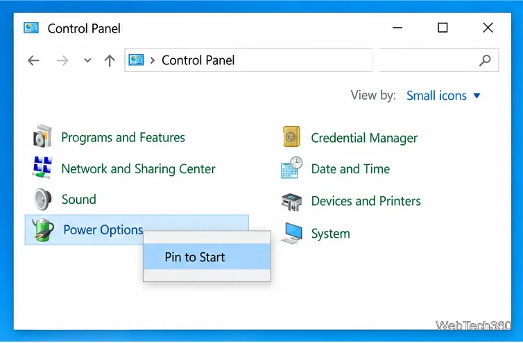 Power Options selected in Control Panel with Pin to Start highlighted in its context menu.