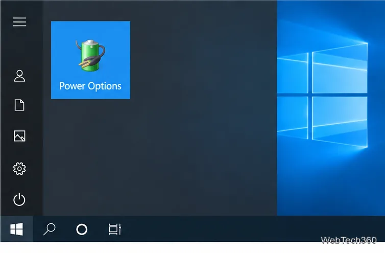 Windows 10 Start menu with a Power Options tile in the pinned area.