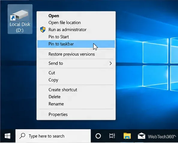 Ярлык на рабочем столе Windows 10 для локального диска (D:) имеет выделенную в контекстном меню опцию «Закрепить на панели задач».