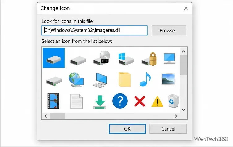 В диалоговом окне «Изменить значок» отображается путь к файлу C:\Windows\System32\imageres.dll и выбран значок диска.
