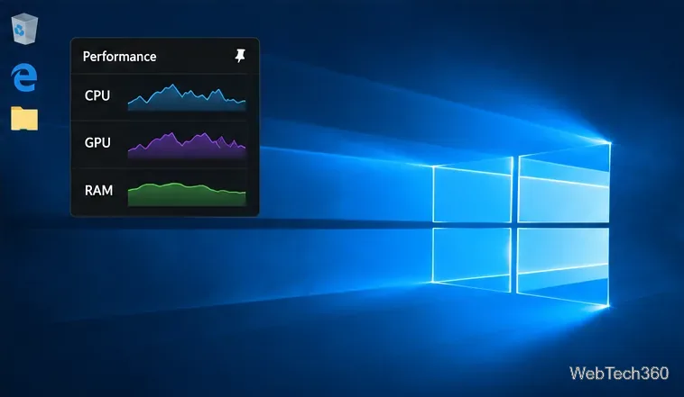 Pinned Game Bar Performance widget floating over the Windows 10 desktop with CPU, GPU, and RAM graphs