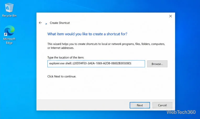 Kreator tworzenia skrótu w systemie Windows 10 z poleceniem powłoki Eksploratora wprowadzonym w polu lokalizacji