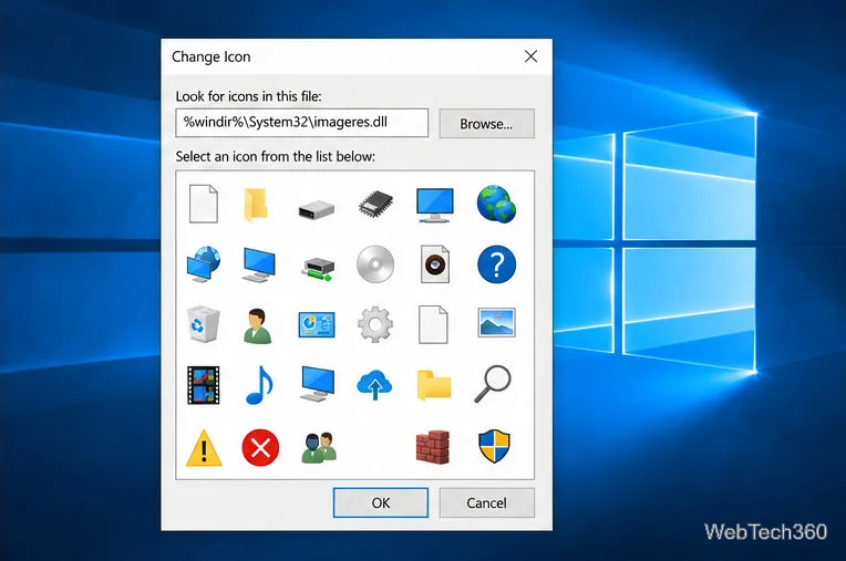 Zmień okno dialogowe ikony ze ścieżką imageres.dll systemu Windows w polu źródła ikony