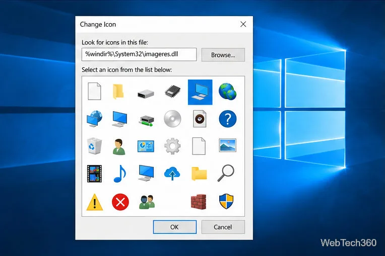 Selektor ikon systemu Windows 10 z niebieską ikoną komputera wybraną dla tego komputera