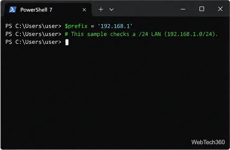 PowerShell 7 window setting the 192.168.1 prefix for a sample /24 local network scan.