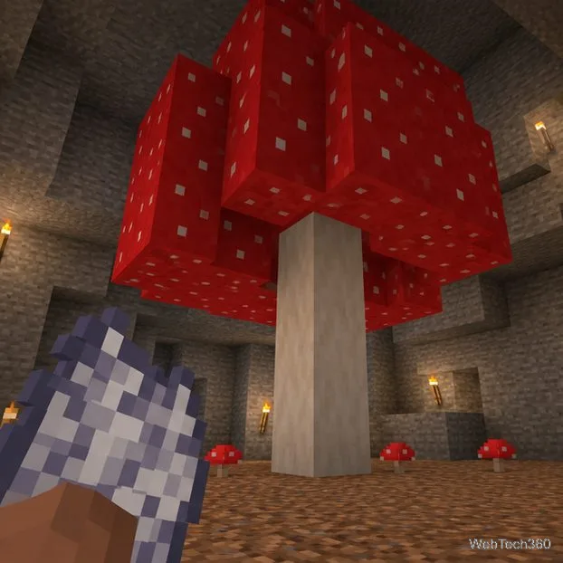 Minecraft洞穴中,一個高高的開放式洞頂下,一朵小小的紅色蘑菇旁邊放著骨粉。