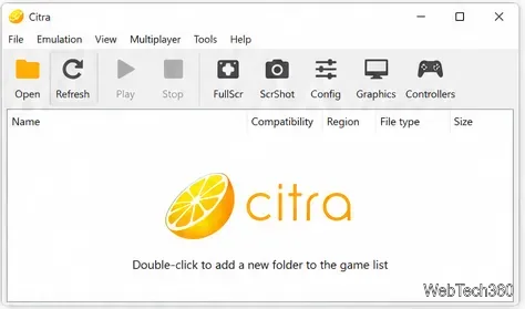 Vecchia interfaccia desktop di Citra con elenco di giochi vuoto e barra degli strumenti per il caricamento dei giochi.