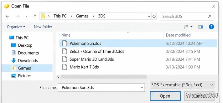 Esempio di elenco della finestra di dialogo Apri file di Windows: backup di giochi .3ds e un pulsante Apri