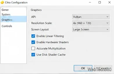 Pannello di configurazione grafica Citra classico con selettore Vulkan, scala di risoluzione e opzioni di layout dello schermo.