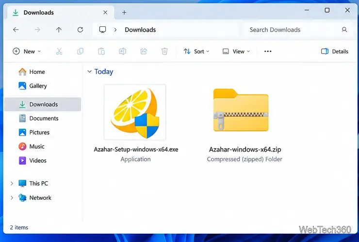 Cartella Download di Windows contenente un file di installazione di Azahar e un archivio ZIP portatile