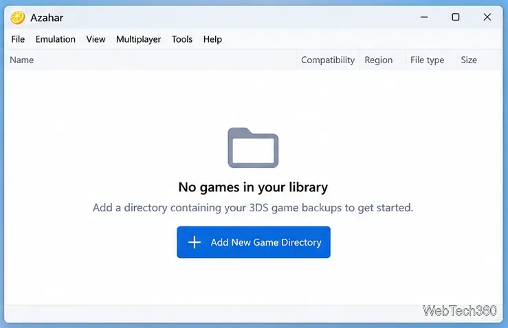 Finestra della libreria desktop di Azahar che mostra un elenco di giochi vuoto e un'opzione per aggiungere una directory di gioco