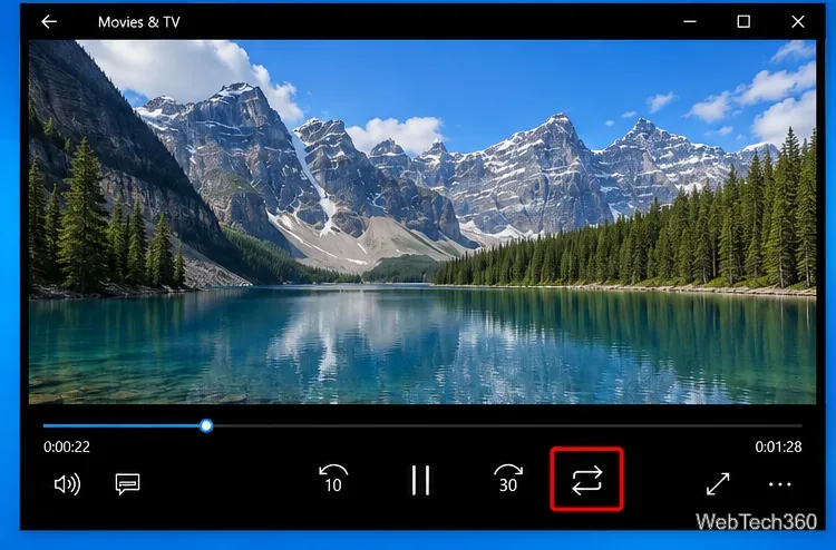 Movies & TV on Windows 10 with the repeat control highlighted